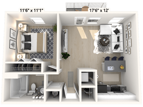 Floor plan for 1 bed, 1 bath, 608 sqft